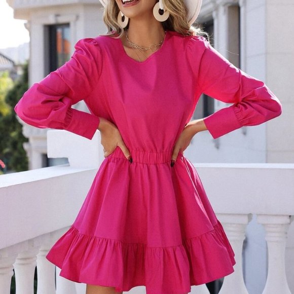 Dresses & Skirts - Ruffle Hem Dress with puffed sleeves HOT PINK